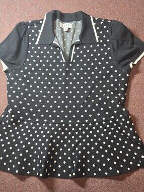 Elle Black & White Polka-dot Pattern Collared Peplum Top Size XL